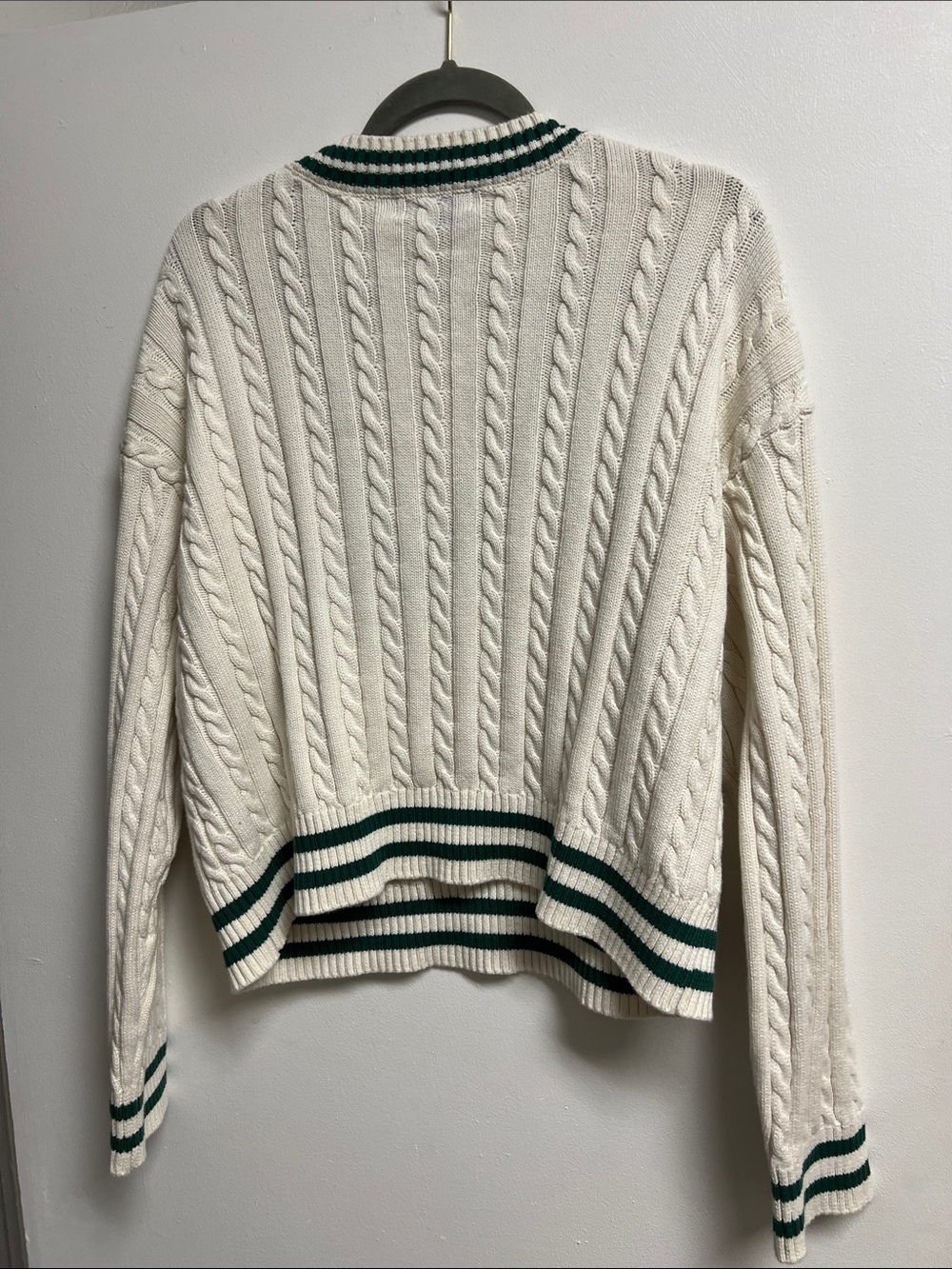 Prince Cream Cotton Cable Knit V-Neck Sweater Dark Green Trim Retro Preppy XL - Picture 5 of 6